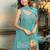 Turquoise satin beads embroidery work kurta palazzo suit set with dupatta