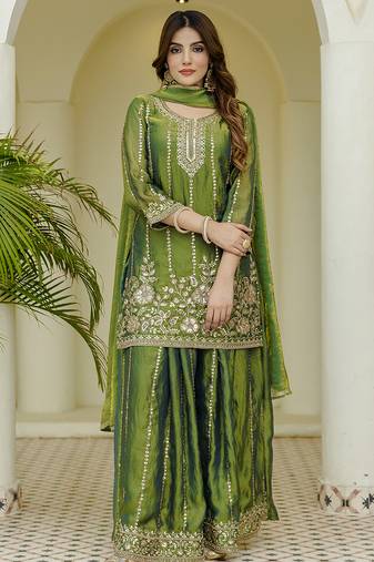 Green satin beads embroidery work kurta palazzo set with dupatta