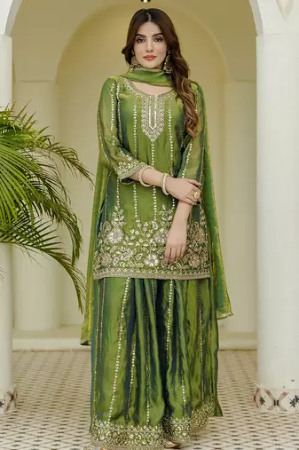 Green satin beads embroidery work kurta palazzo set with dupatta