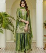 Green satin beads embroidery work kurta palazzo set with dupatta