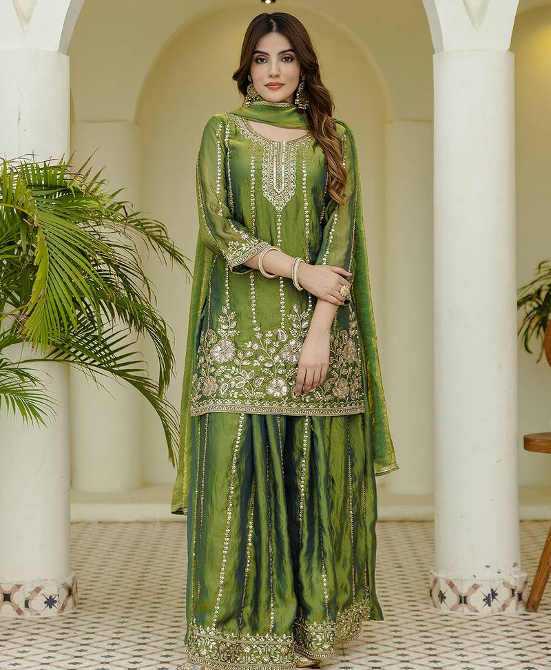 Green satin beads embroidery work kurta palazzo set with dupatta