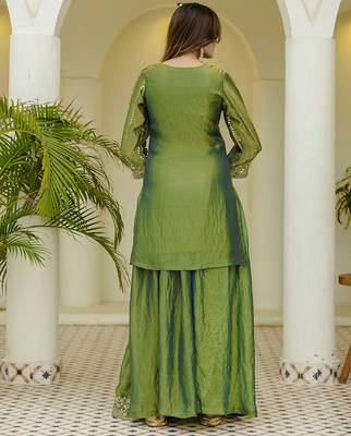 Green satin beads embroidery work kurta palazzo set with dupatta 2