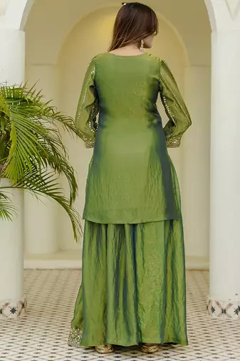 Green satin beads embroidery work kurta palazzo set with dupatta