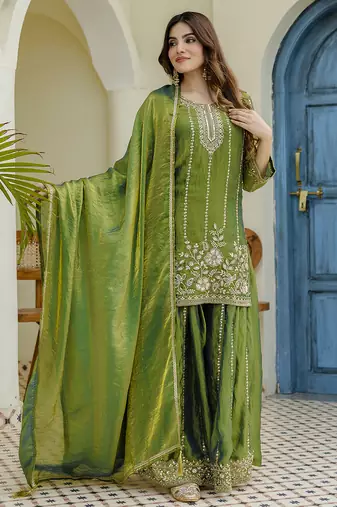 Green satin beads embroidery work kurta palazzo set with dupatta