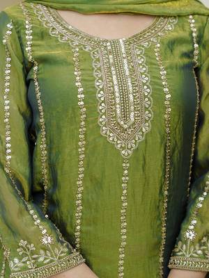 Green satin beads embroidery work kurta palazzo set with dupatta 4