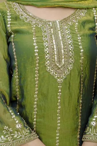 Green satin beads embroidery work kurta palazzo set with dupatta