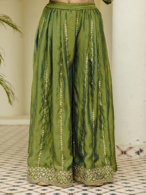 Green satin beads embroidery work kurta palazzo set with dupatta 5