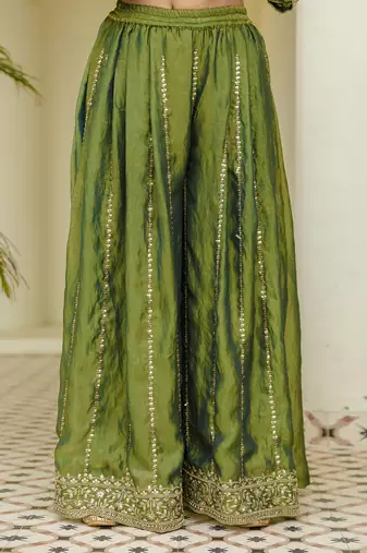 Green satin beads embroidery work kurta palazzo set with dupatta