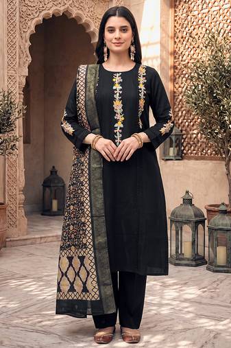 Black cotton embroidery work kurta pant set with dupatta for women
