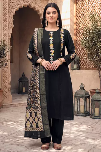 Black cotton embroidery work kurta pant set with dupatta for women