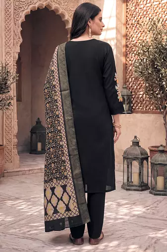 Black cotton embroidery work kurta pant set with dupatta for women