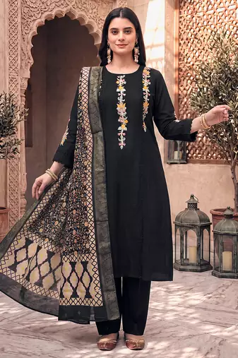 Black cotton embroidery work kurta pant set with dupatta for women