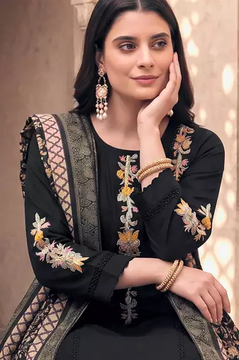 Black cotton embroidery work kurta pant set with dupatta for women