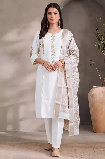 White cotton embroidery work kurta pant set with dupatta for women