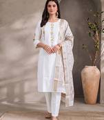 White cotton embroidery work kurta pant set with dupatta for women