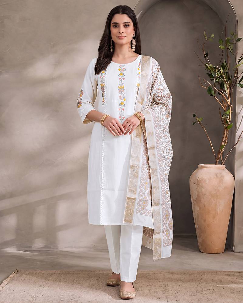 White cotton embroidery work kurta pant set with dupatta for women