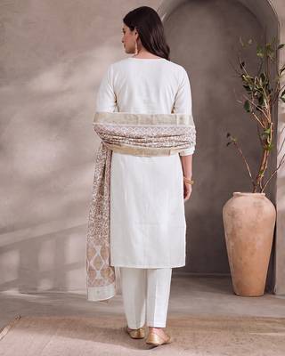 White cotton embroidery work kurta pant set with dupatta for women 2