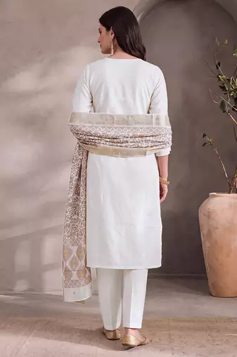 White cotton embroidery work kurta pant set with dupatta for women