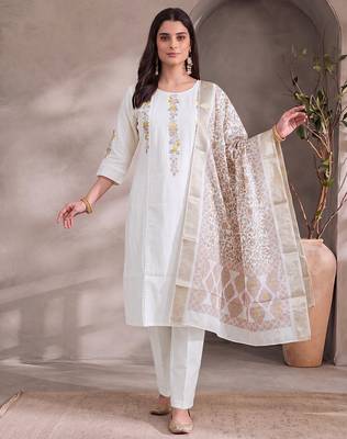 White cotton embroidery work kurta pant set with dupatta for women 3
