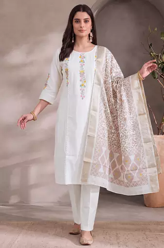 White cotton embroidery work kurta pant set with dupatta for women
