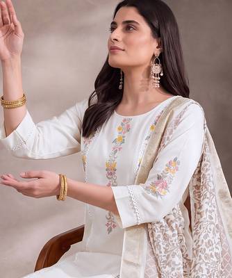White cotton embroidery work kurta pant set with dupatta for women 4