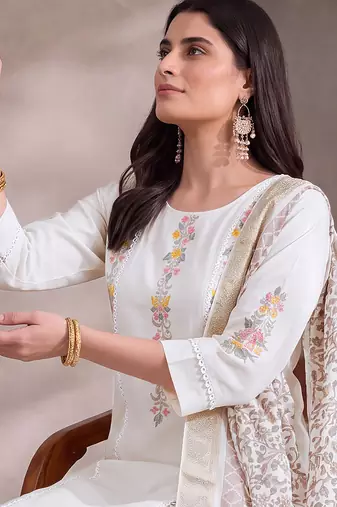 White cotton embroidery work kurta pant set with dupatta for women