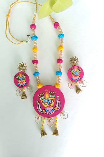 Hand-Painted Pink Fabric Goddess Statement Necklace Set