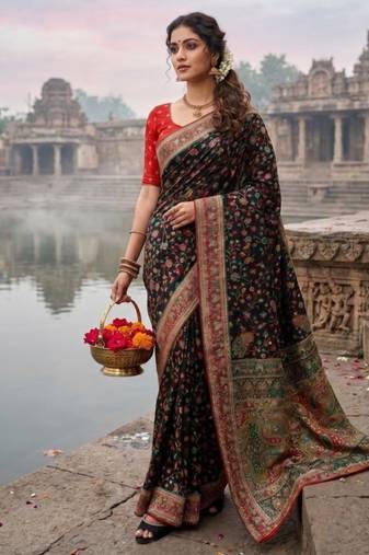 Black Color Embroidery And Jaqurad Weaving Work Silk Blend Saree