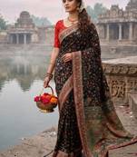 Black Color Embroidery And Jaqurad Weaving Work Silk Blend Saree
