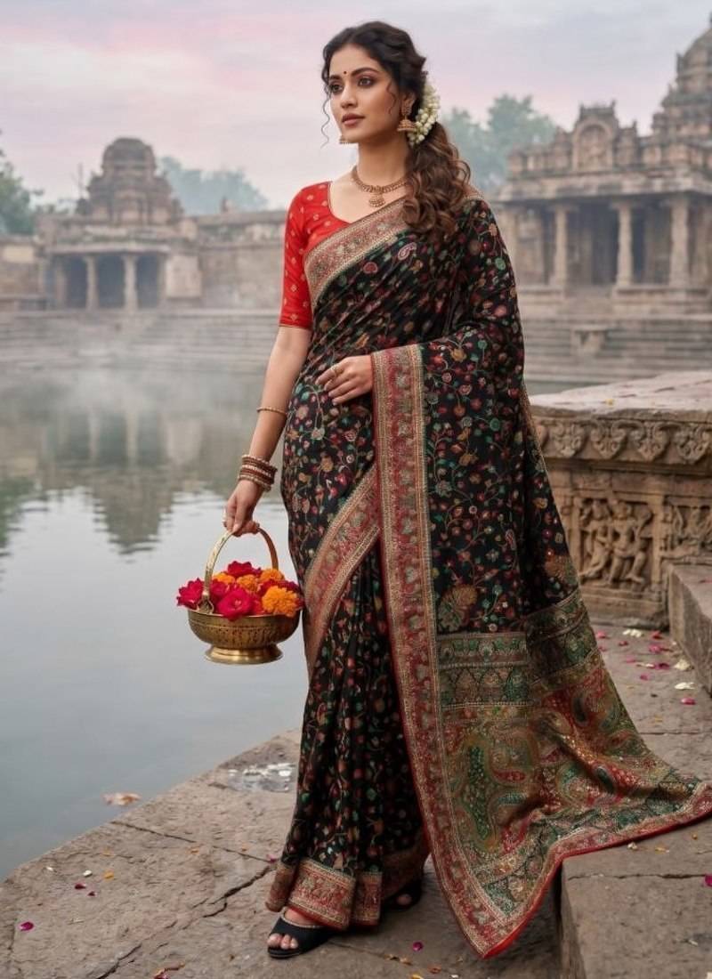 Black Color Embroidery And Jaqurad Weaving Work Silk Blend Saree
