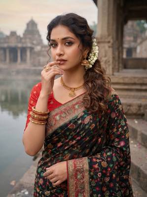 Black Color Embroidery And Jaqurad Weaving Work Silk Blend Saree 2