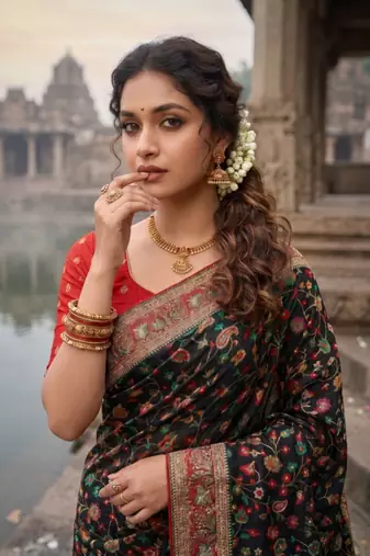 Black Color Embroidery And Jaqurad Weaving Work Silk Blend Saree