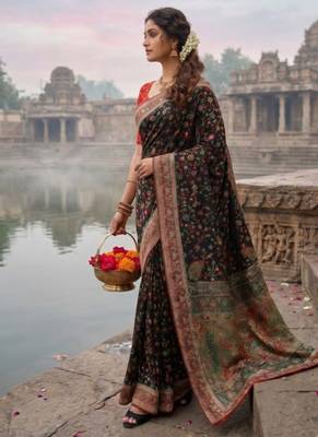 Black Color Embroidery And Jaqurad Weaving Work Silk Blend Saree 3