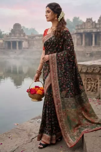 Black Color Embroidery And Jaqurad Weaving Work Silk Blend Saree