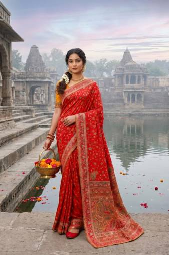 Red Color Embroidery And Jaqurad Weaving Work Silk Blend Saree
