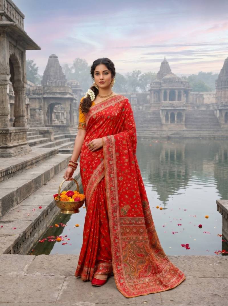 Red Color Embroidery And Jaqurad Weaving Work Silk Blend Saree