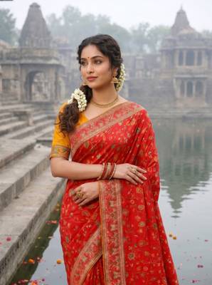 Red Color Embroidery And Jaqurad Weaving Work Silk Blend Saree 2