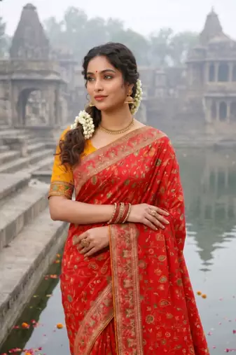 Red Color Embroidery And Jaqurad Weaving Work Silk Blend Saree