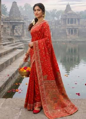 Red Color Embroidery And Jaqurad Weaving Work Silk Blend Saree 3