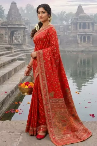 Red Color Embroidery And Jaqurad Weaving Work Silk Blend Saree