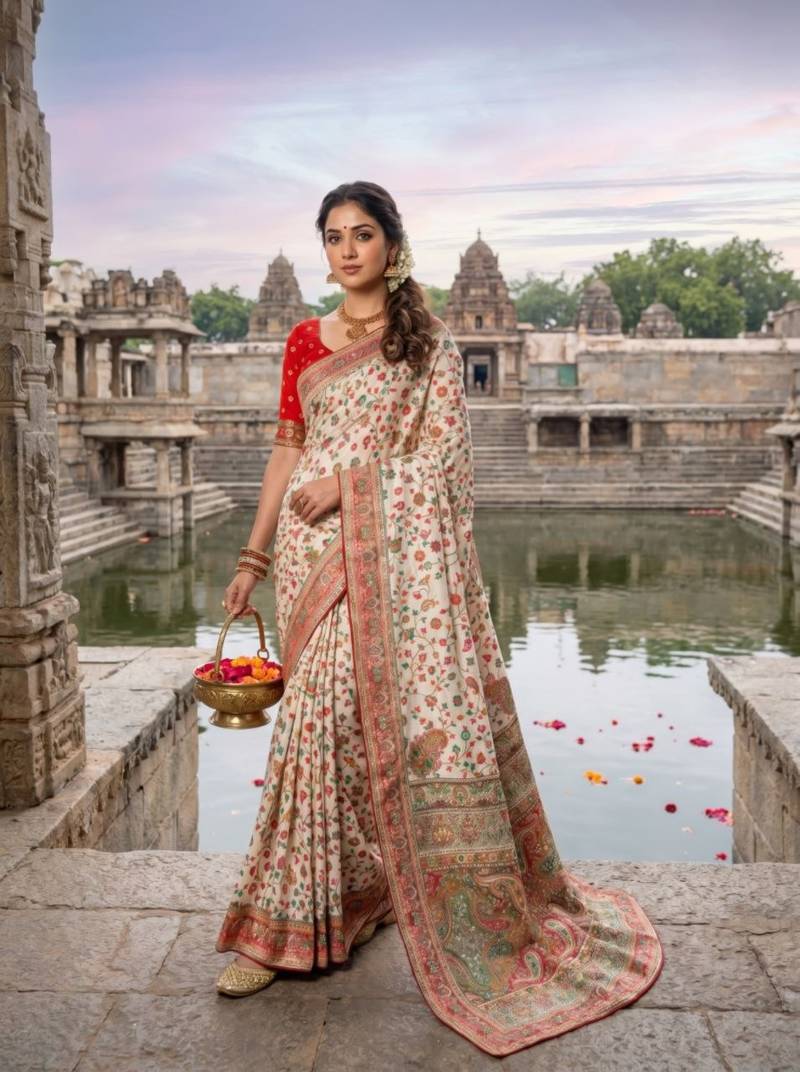 White Color Embroidery And Jaqurad Weaving Work Silk Blend Saree