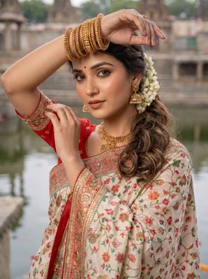 White Color Embroidery And Jaqurad Weaving Work Silk Blend Saree 2