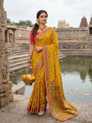 Mustard Color Embroidery And Jaqurad Weaving Work Silk Blend Saree 1