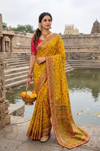 Mustard Color Embroidery And Jaqurad Weaving Work Silk Blend Saree