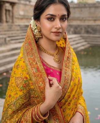 Mustard Color Embroidery And Jaqurad Weaving Work Silk Blend Saree 2