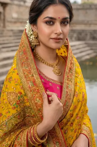Mustard Color Embroidery And Jaqurad Weaving Work Silk Blend Saree