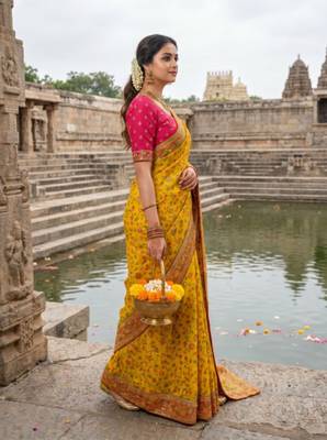 Mustard Color Embroidery And Jaqurad Weaving Work Silk Blend Saree 3