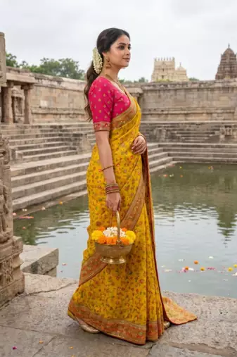 Mustard Color Embroidery And Jaqurad Weaving Work Silk Blend Saree
