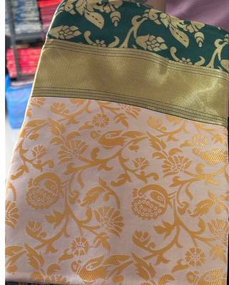 Green white silk blend banarasi saree with unstitched blouse piece 4