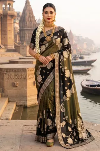 Black Color Floral Zari Weaving Work Tissue Saree